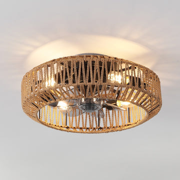 Rowan 19.5" 4-Light Modern Bohemian 6-Speed Metal/Rattan Mobile-App/Remote-Controlled Lantern LED Ceiling Fan - JONATHAN Y